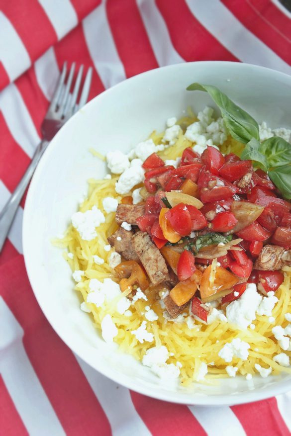 Chicken Bruschspaghetti Squash with Goat Cheese