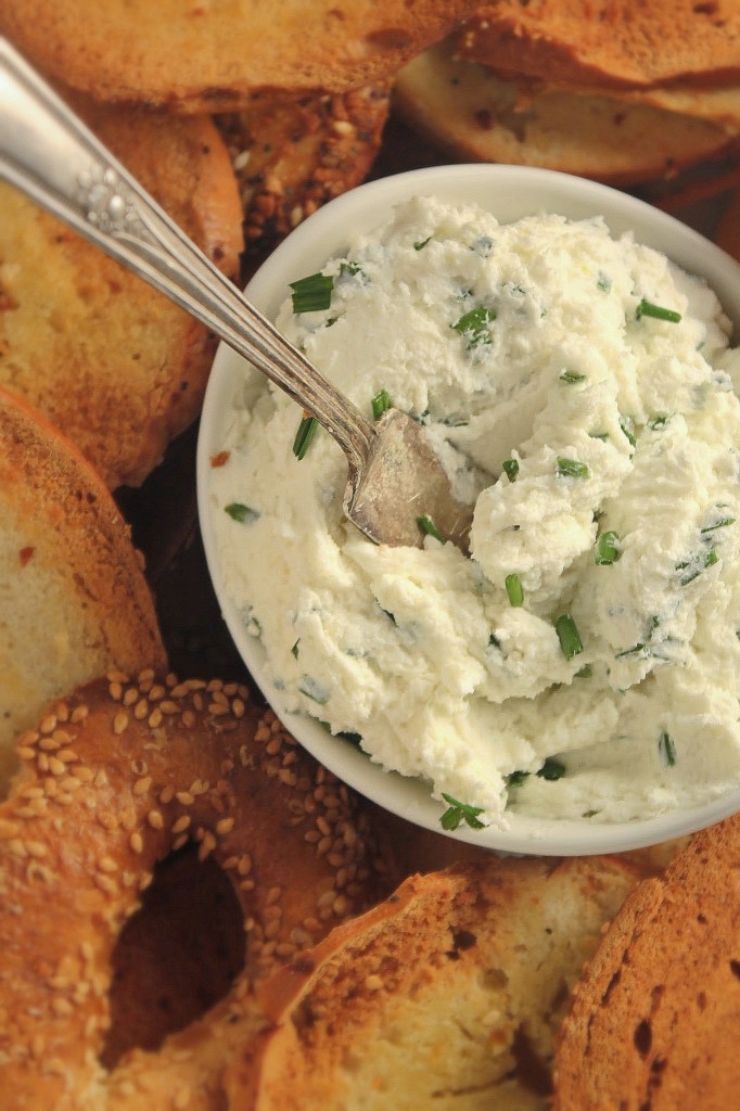 Whipped Garlic & Chive Goat Cheese with Homemade Bagel Chips 