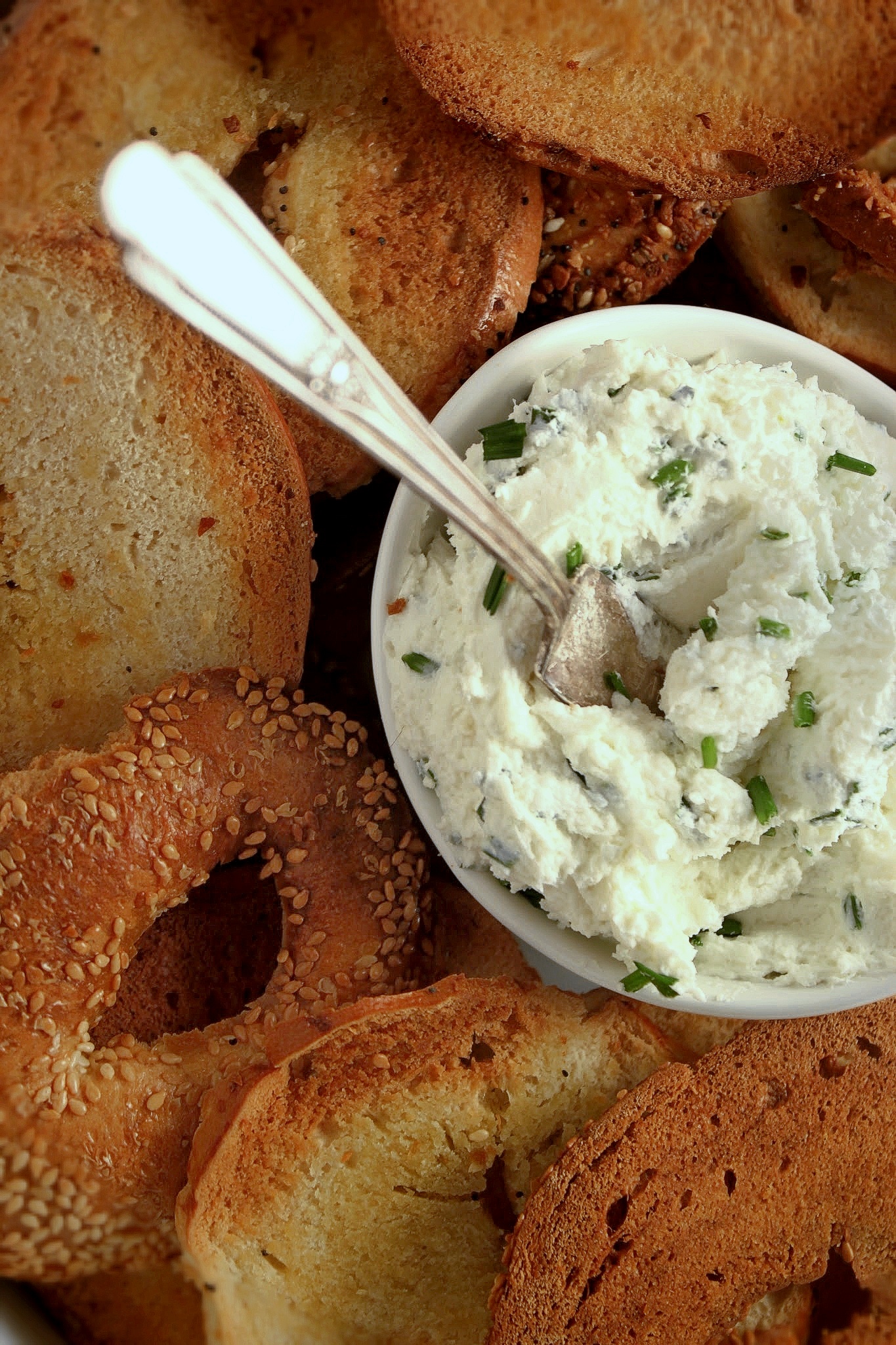 Whipped Garlic & Chive Goat Cheese with Homemade Bagel Chips