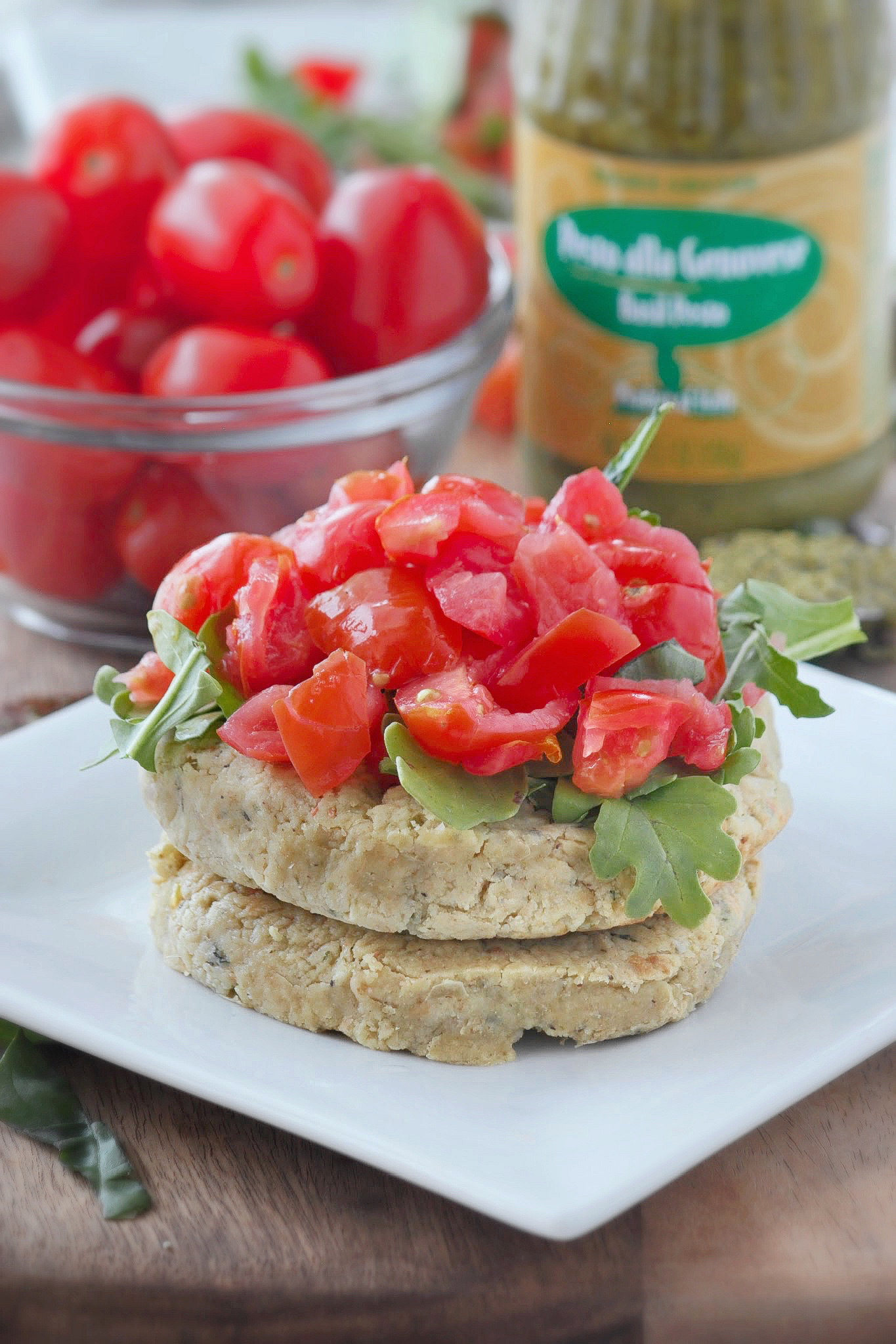 White Bean Pesto Burgers with Bruschetta