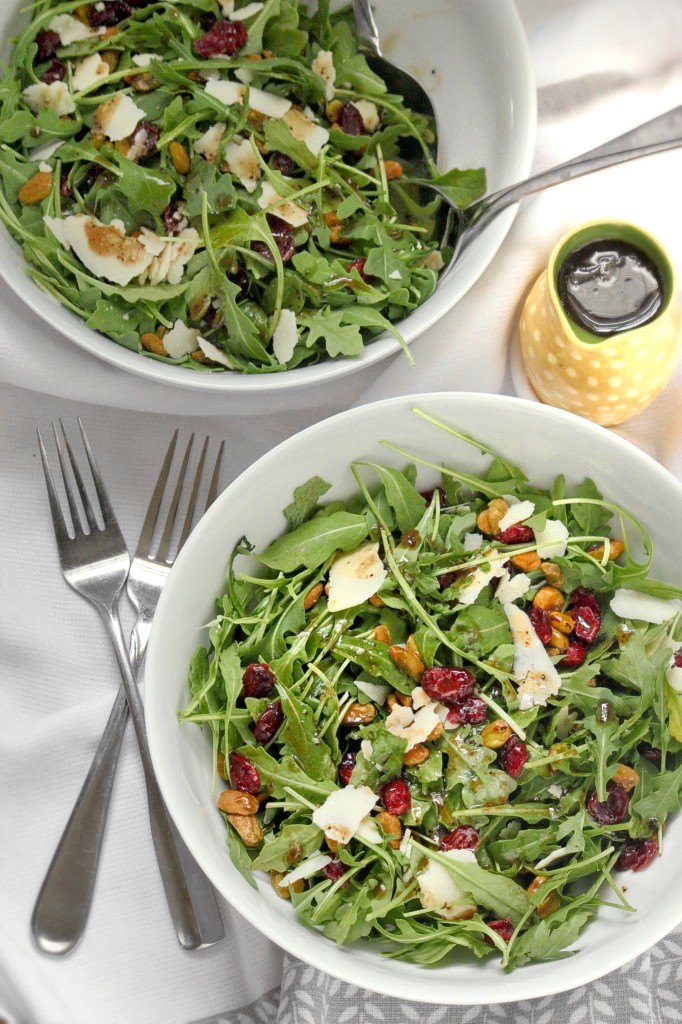 Spring Arugula Salad with Cranberries, Pistachios, Parmesan & Homemade Balsamic Vinaigrette