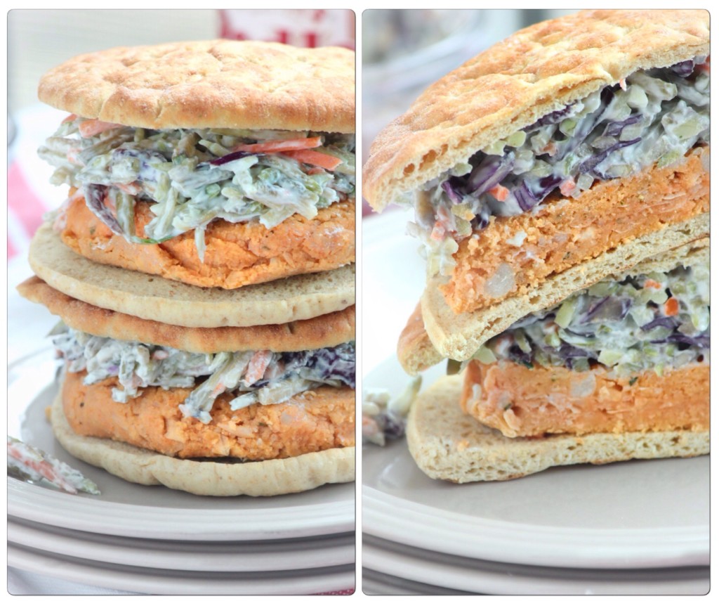 Buffalo White Bean Burgers with Garlic Ranch Slaw