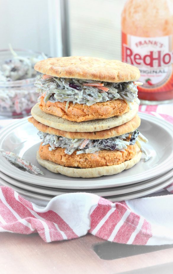 Buffalo White Bean Burgers with Garlic Ranch Slaw